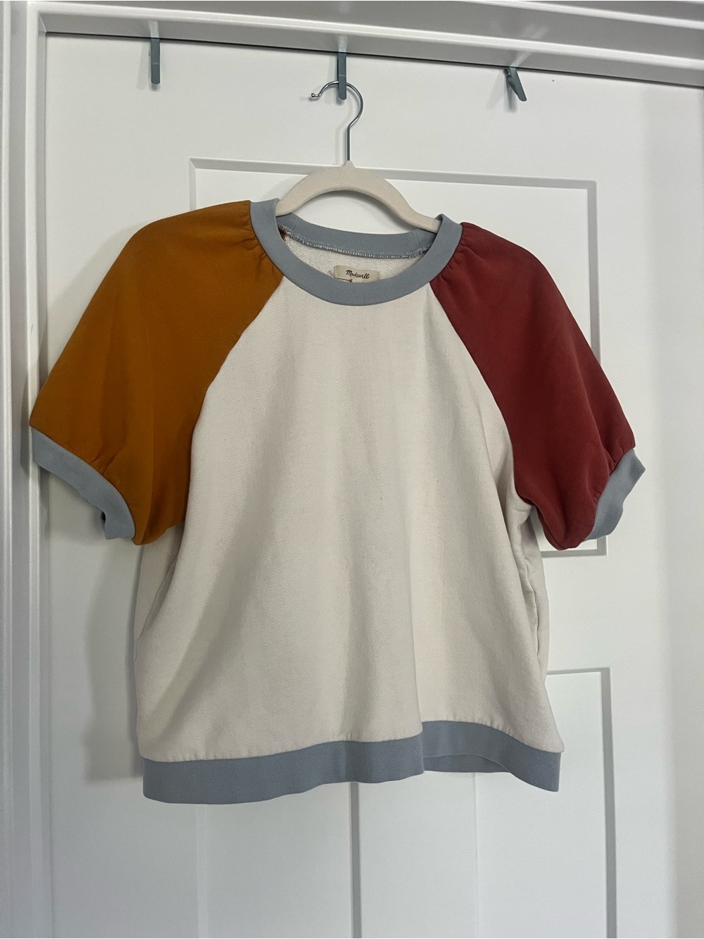 Madewell Cream Raglan Sweatshirt with Mustard and Brick Sleeves